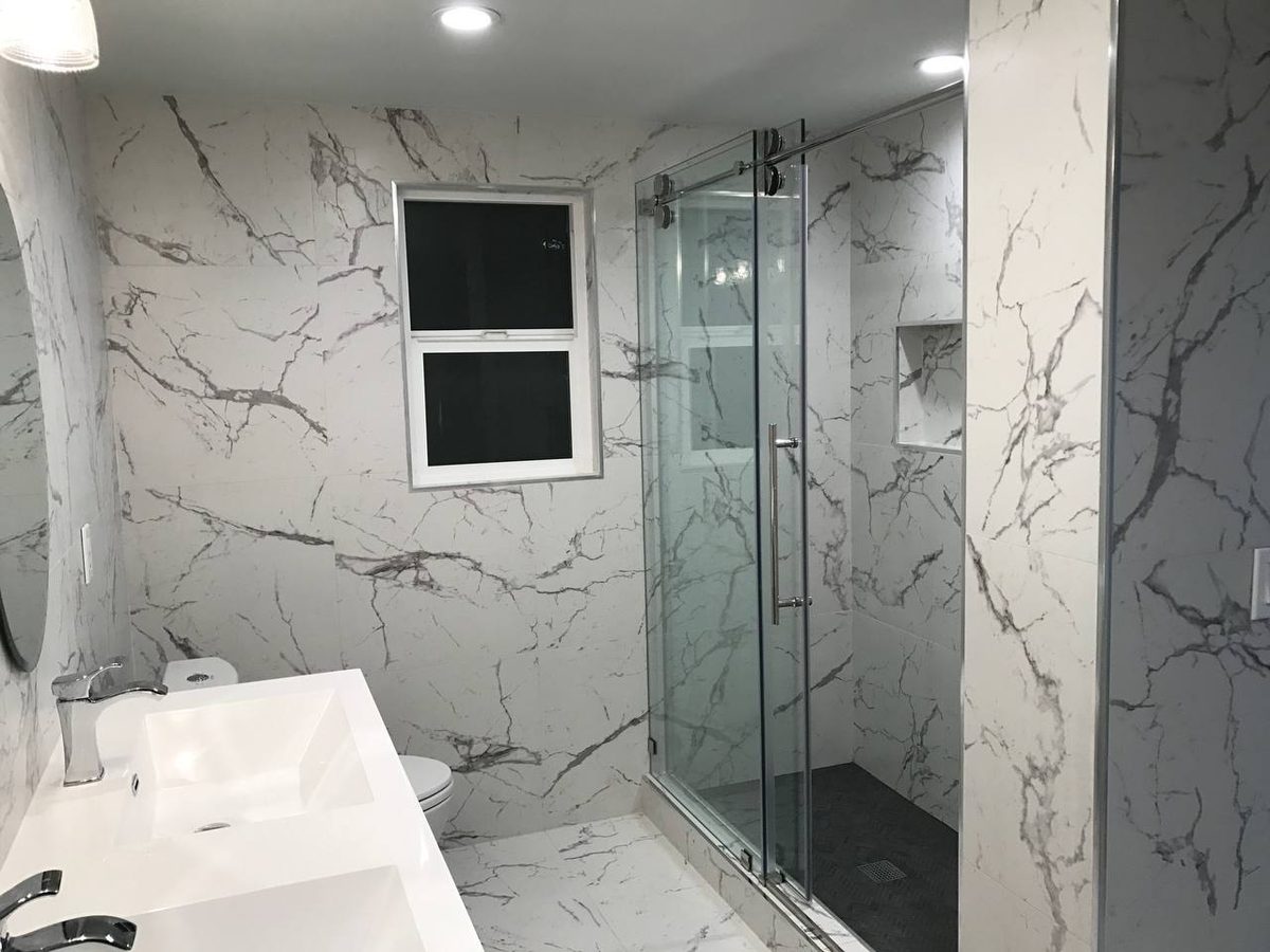 Bathroom remodel – marble shower with glass door, Arcadia CA