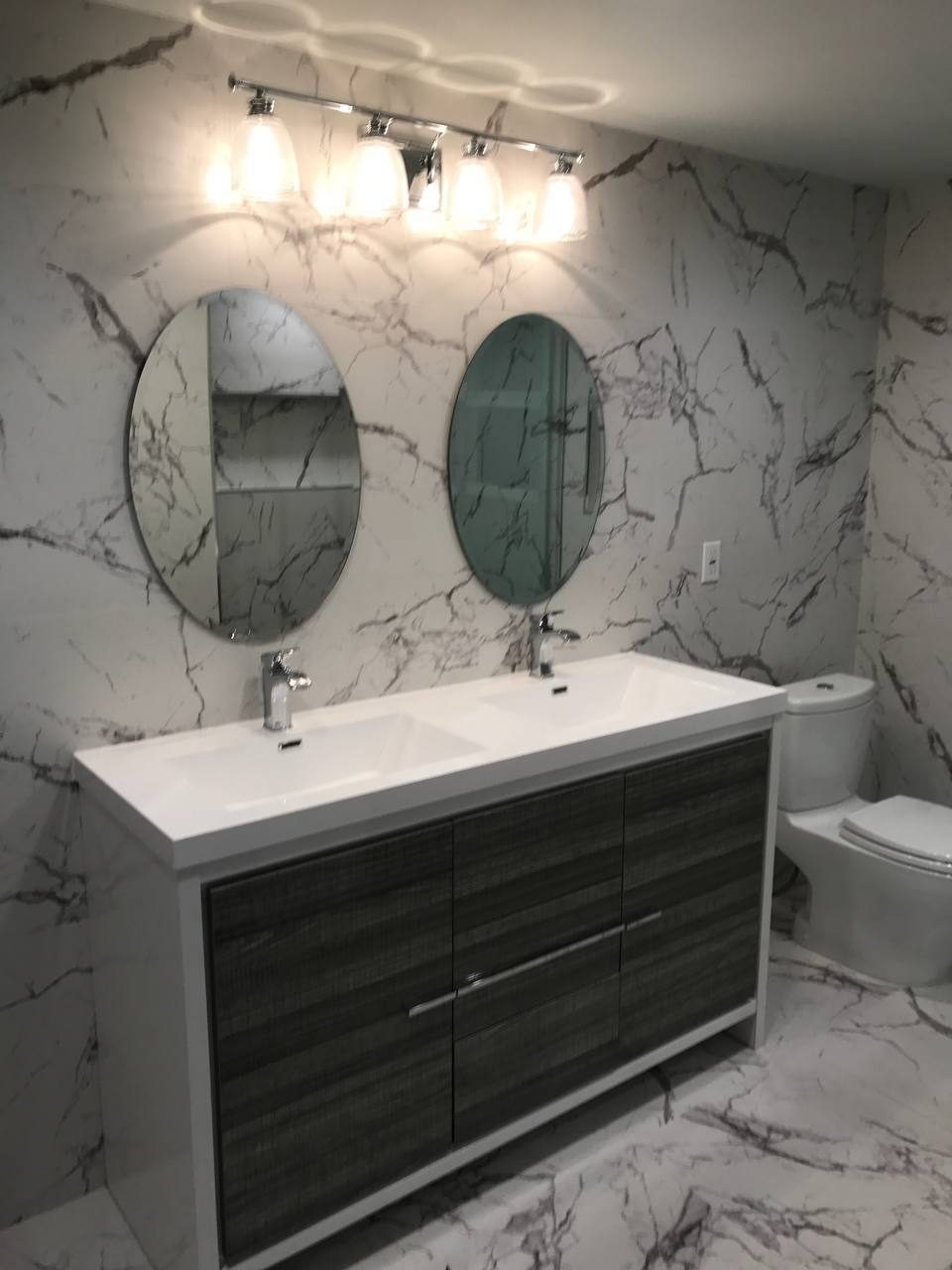 Bathroom remodel – double vanity with marble walls, Arcadia CA