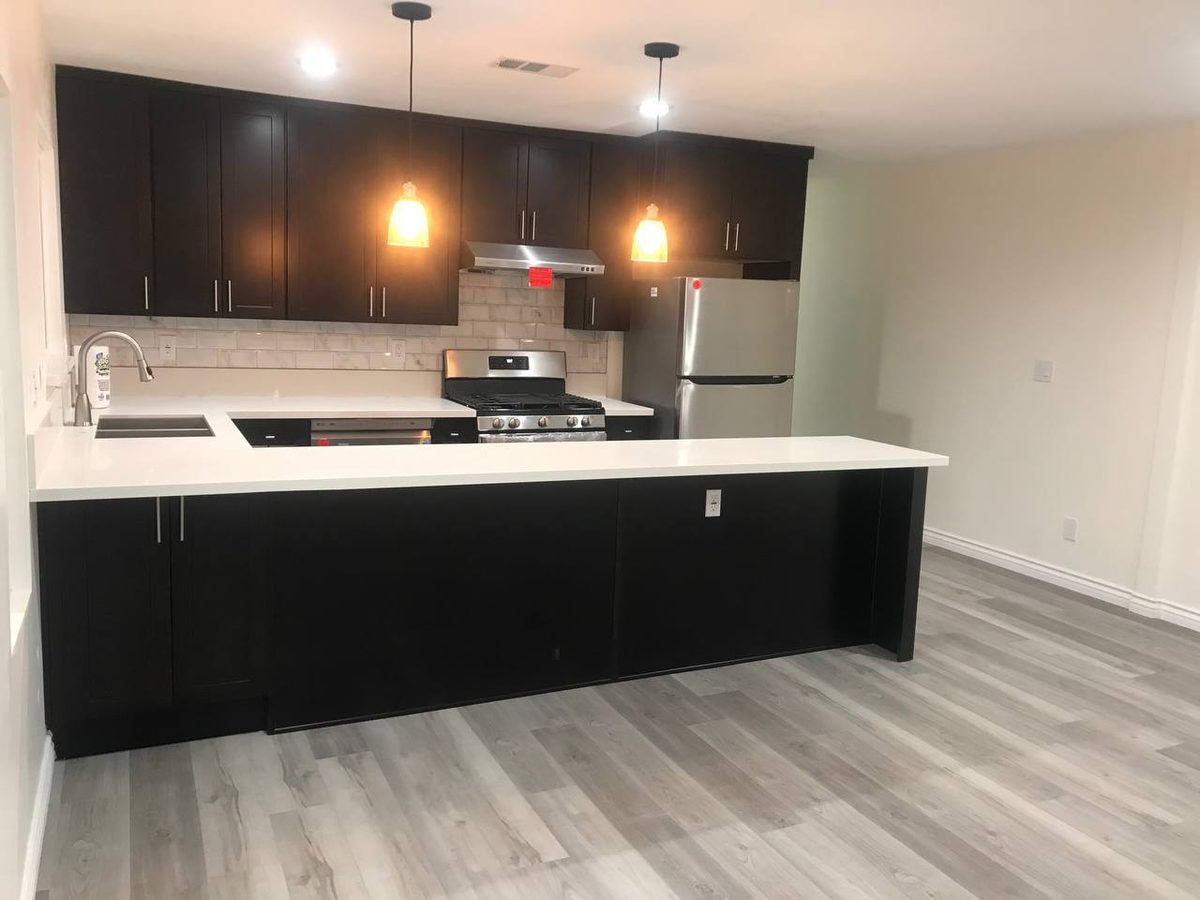 Kitchen remodel – dark cabinets with white quartz countertops, Arcadia CA