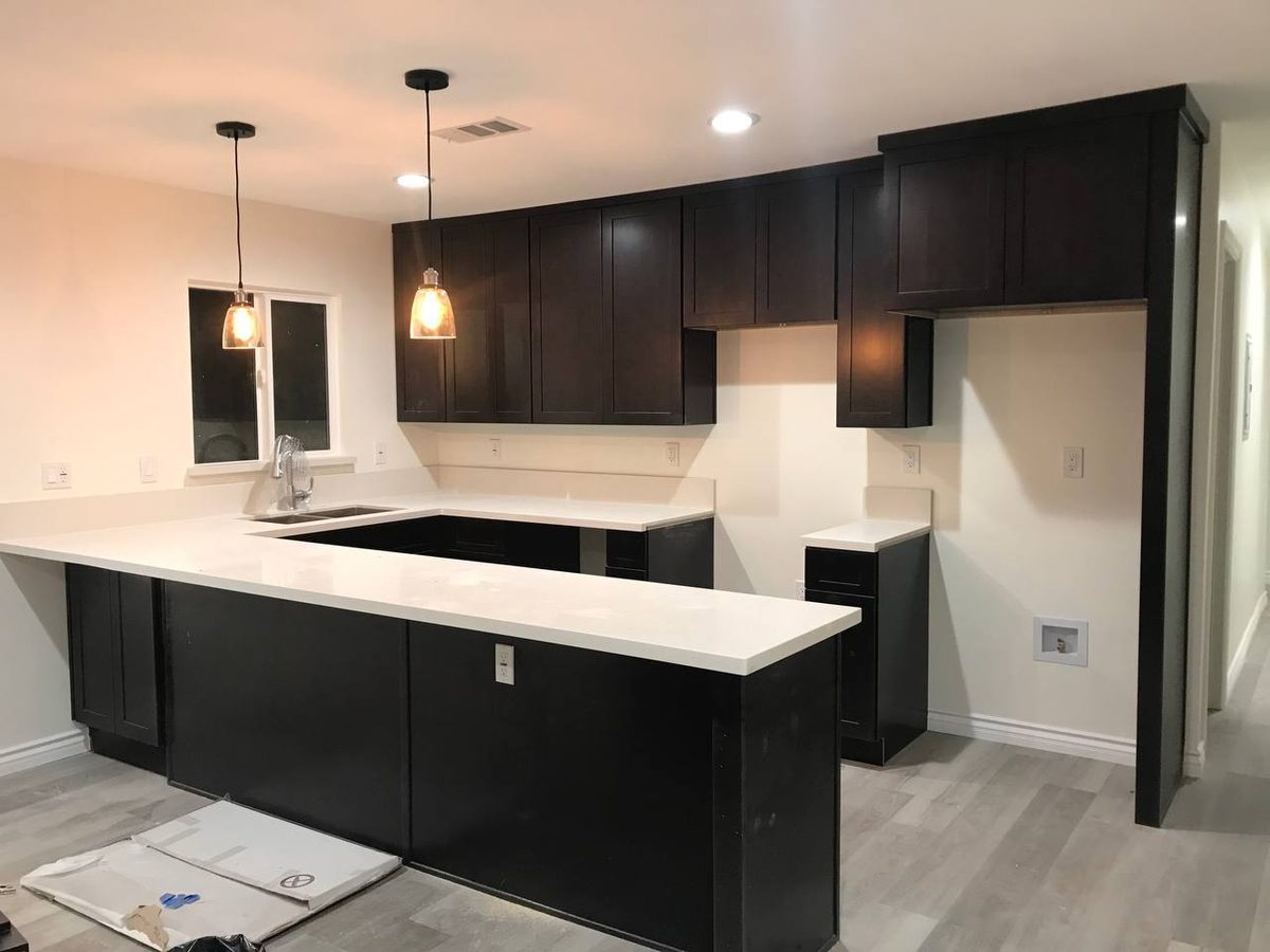 Kitchen remodel – dark cabinets with pendant lights, Arcadia CA
