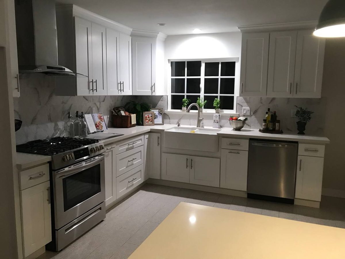 Kitchen remodel – gray island with wine cooler, Arcadia CA