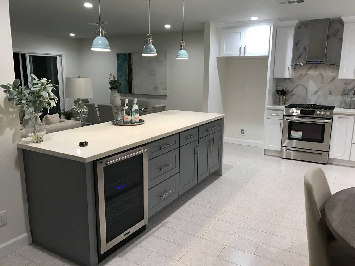 Kitchen remodel – gray island with white cabinets, Arcadia CA