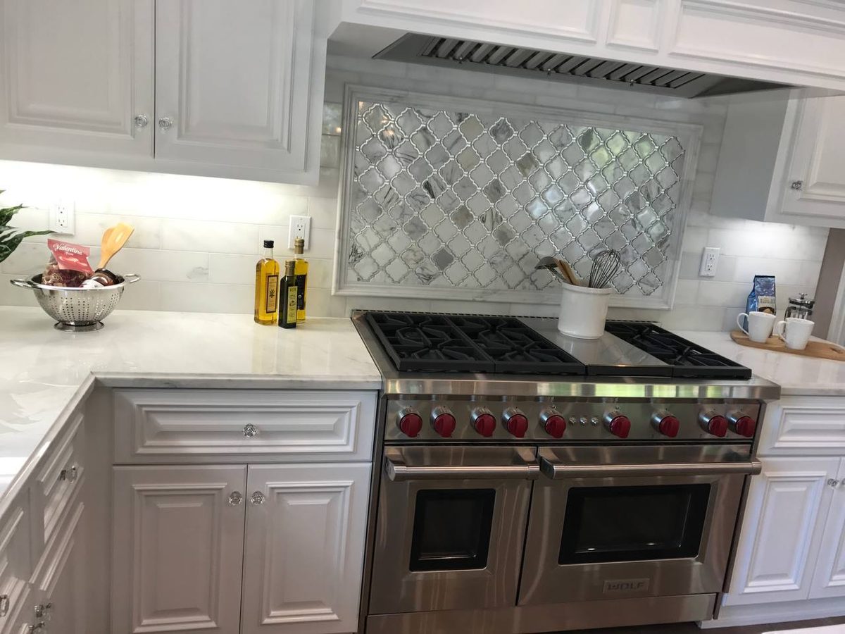 Kitchen remodel – Wolf range with quartz island and custom cabinetry, Arcadia CA