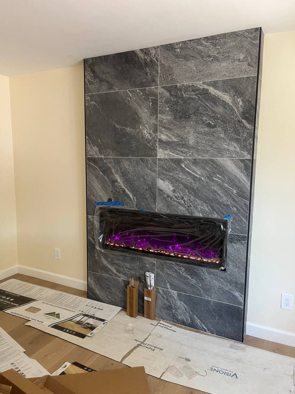 Living room – custom fireplace tile accent wall, Arcadia CA