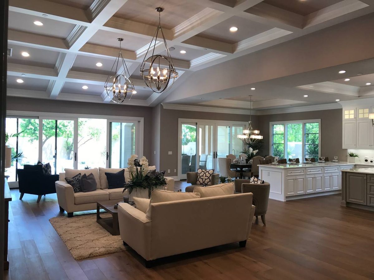Coffered ceiling open plan living room, Arcadia CA