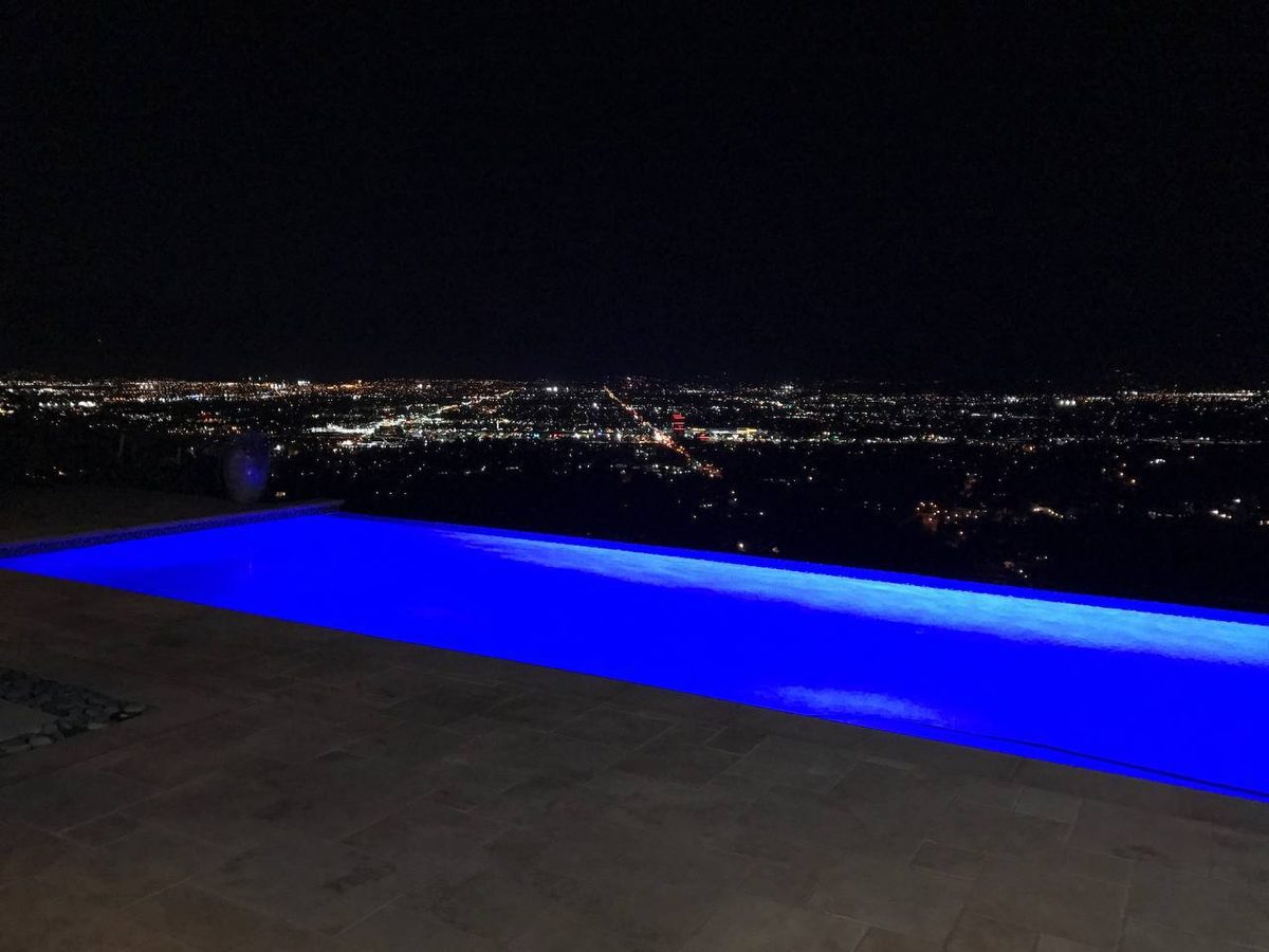Infinity pool – outdoor living at night, Arcadia CA